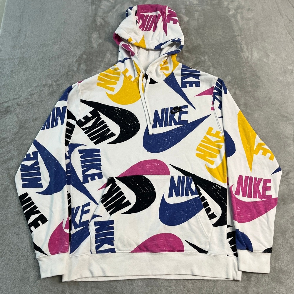 Nike Sportswear Club French Terry AOP Swoosh Pullover Hoodie Mens Large White